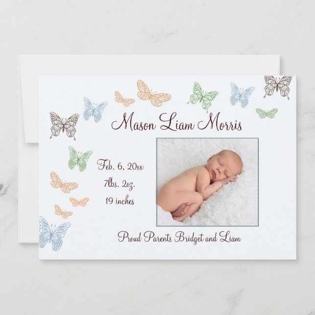 Butterfly Kisses Birth Announcement blue (Front)