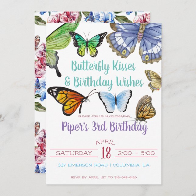Butterfly Kisses Birthday Party Invitation (Front/Back)