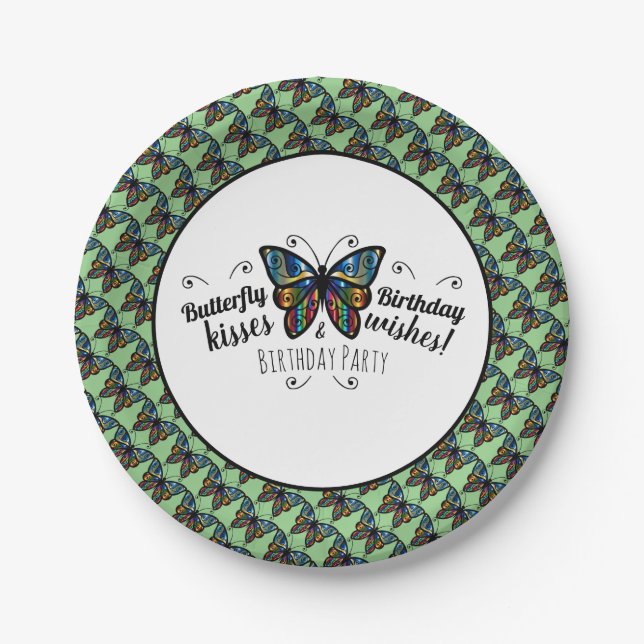 Butterfly Kisses Birthday Party Paper Plate (Front)