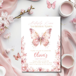 Butterfly Kisses Birthday Pink Butterfly Party Invitation
