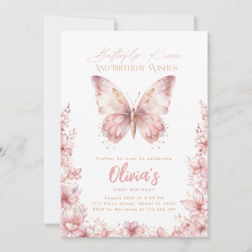 Butterfly Kisses Birthday Pink Butterfly Party Invitation