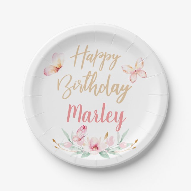 Butterfly Kisses & Birthday Wishes, Any Age Party Paper Plates (Front)