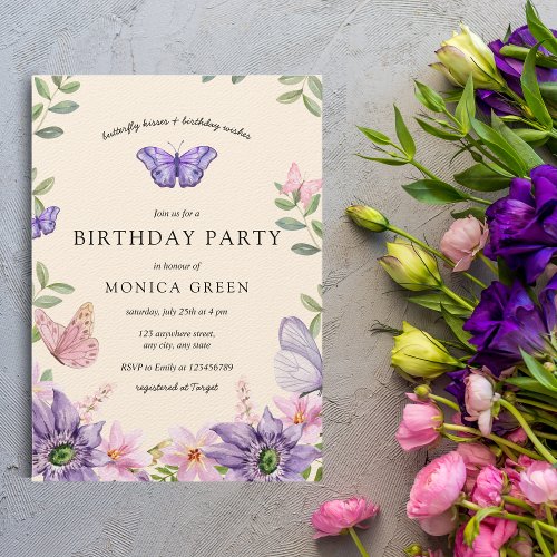 Butterfly Kisses  Birthday Wishes Garden Party Invitation