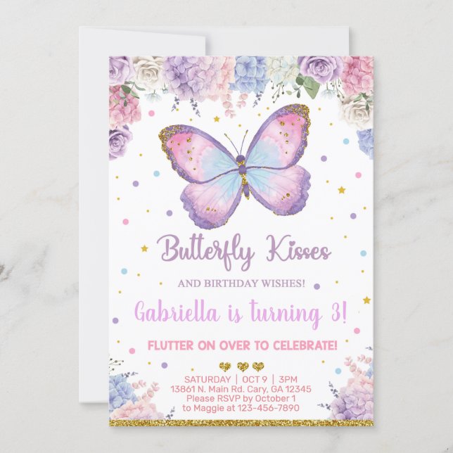 Butterfly kisses birthday wishes girl invite. invitation (Front)