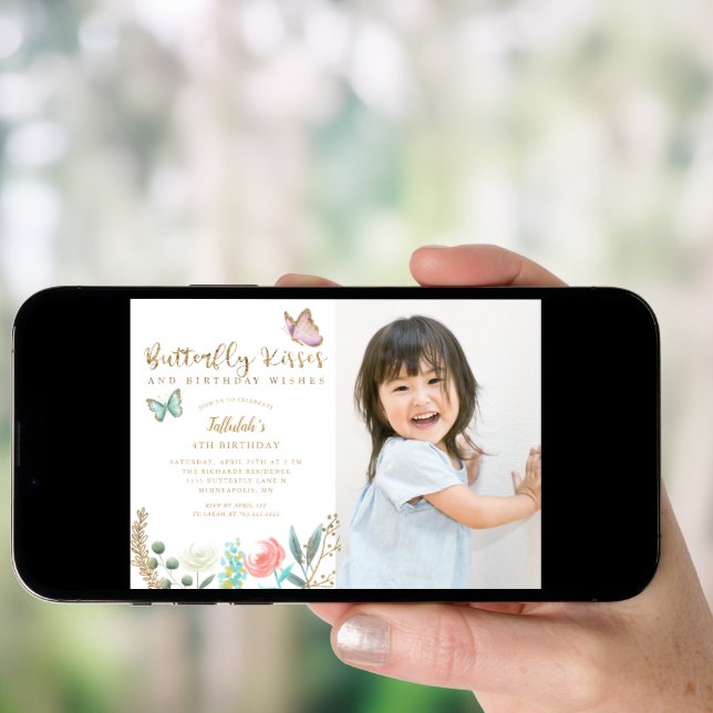 Butterfly Kisses Birthday Wishes Photo Party Invitation (Front Digital)