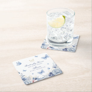 Butterfly Kisses Boy Baby Shower  Square Paper Coaster