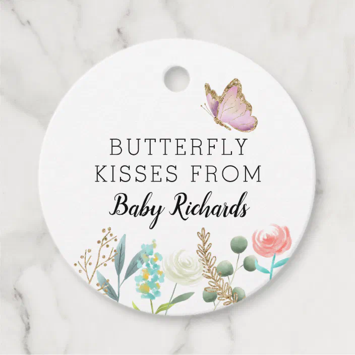 Butterfly Kisses Cute Baby Shower Floral Favor Tags Zazzle Com