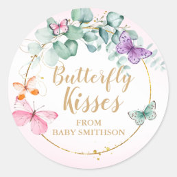 Butterfly Kisses Eucalyptus Pink Baby Shower Favor Classic Round Sticker