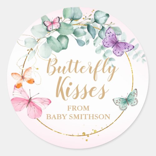 Butterfly Kisses Eucalyptus Pink Baby Shower Favor Classic Round Sticker