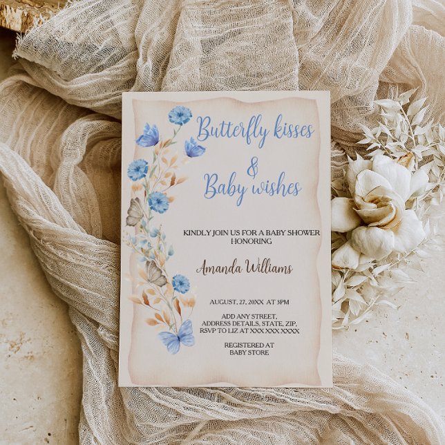 Butterfly Kisses Floral Boho Blue Baby shower Invitation (Creator Uploaded)