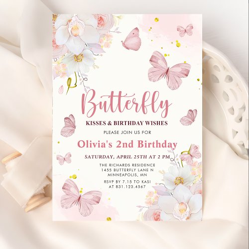 Butterfly Kisses Floral Boho Pink Girl Birthday  Invitation