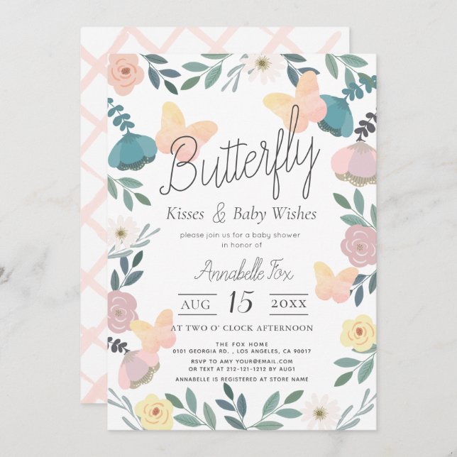 Butterfly Kisses Floral Garden Pink Baby Shower Invitation (Front/Back)