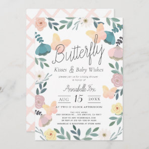 Butterfly Kisses Floral Garden Pink Baby Shower Invitation