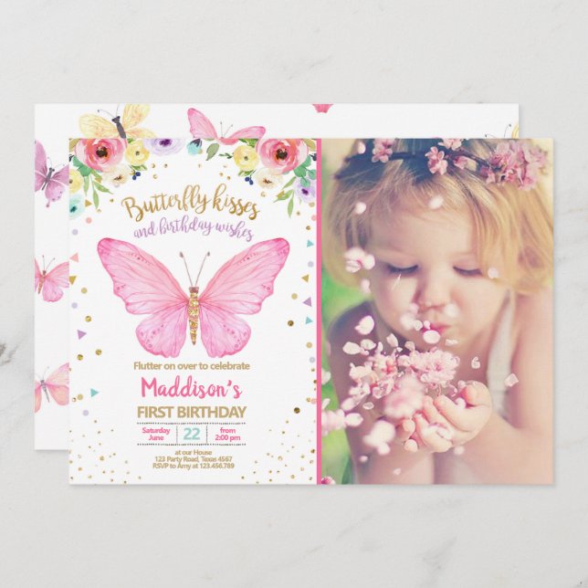 Butterfly Kisses Garden Floral Confetti Birthday Invitation (Front/Back)