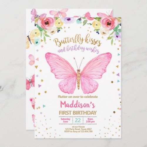 Butterfly Kisses Garden Floral Confetti Birthday Invitation