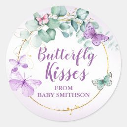 Butterfly Kisses Garden Purple Baby Shower Favor Classic Round Sticker