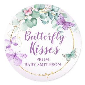 Butterfly Kisses Garden Purple Baby Shower Favor Classic Round Sticker