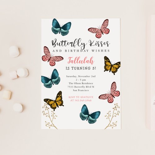 Butterfly Kisses Girls Birthday Party Invitation