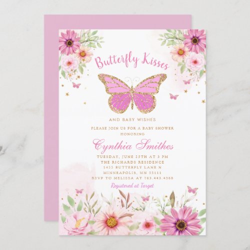 Butterfly Kisses Gold Pink Floral Girl Baby Shower Invitation