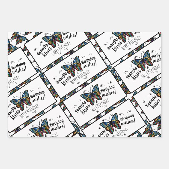 Butterfly Kisses Happy Birthday Wrapping Paper Sheets (Front)