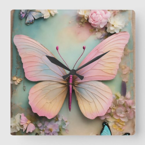 Butterfly Kisses in Shabby Chic Misty Dream Square Wall Clock