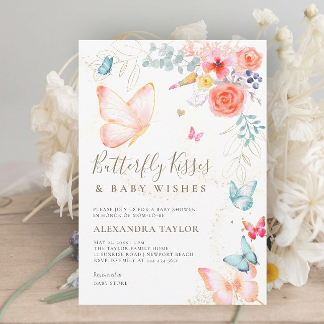 Butterfly Kisses Peachy Garden Baby Girl Shower Invitation (butterfly kisses baby shower invitation bright colorful garden peach orange teal blue whimsical)