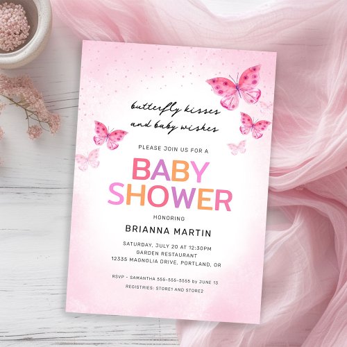 Butterfly Kisses Pink Baby Shower Invitation