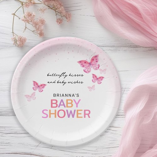 Butterfly Kisses Pink Baby Shower Paper Plates