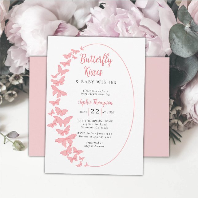 Butterfly Kisses Pink Boho Chic Girl Baby Shower Invitation (butterfly kisses baby girl shower invitation whimsical coral pink butterflies boho chic watercolor )