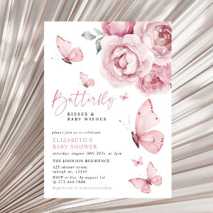 Butterfly Kisses Pink Floral Girl Baby Shower Invitation