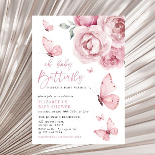 Butterfly Kisses Pink Floral Girl Baby Shower Invitation