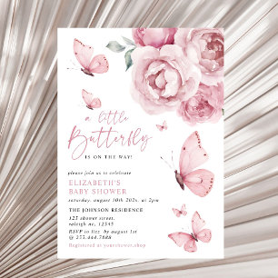 Butterfly Kisses Pink Floral Girl Baby Shower Invitation