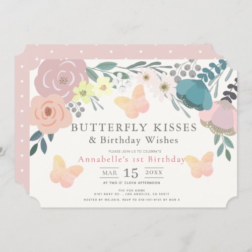 Butterfly Kisses Pink Floral Girl Birthday Invitation