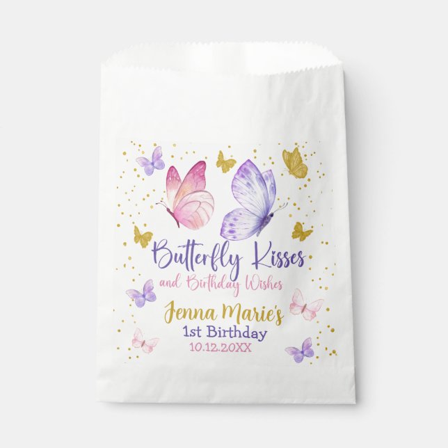 BUTTERFLY KISSES PINK & PURPLE 1ST BIRTHDAY FAVOR BAG (Front)