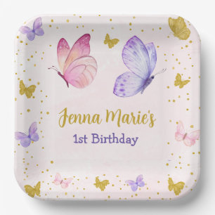 BUTTERFLY KISSES PINK & PURPLE 1ST BIRTHDAY PAPER PLATES