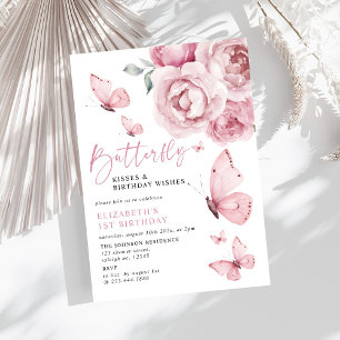 Butterfly Kisses Pink Roses Girl 1st Birthday Invitation