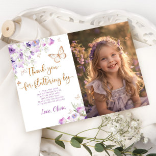 Butterfly kisses purple birthday photo thank you invitation