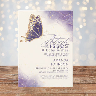 Butterfly kisses Purple Glitter Baby Shower Invitation