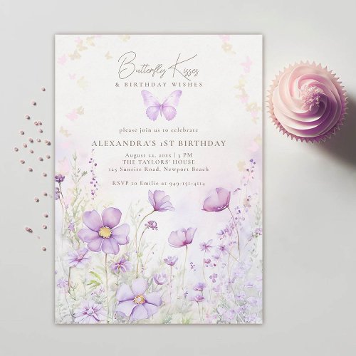 Butterfly Kisses Purple Wildflowers 1st Birthday Invitation