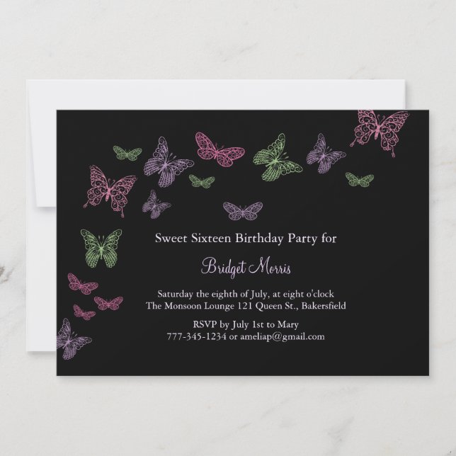 Butterfly Kisses Sweet Sixteen Invitation (Front)