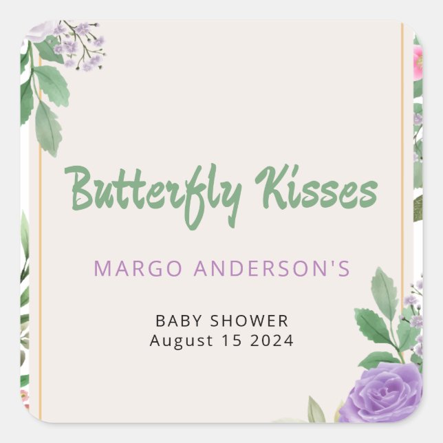 Butterfly Kisses Violet Flowers Baby Shower Square Sticker (Front)