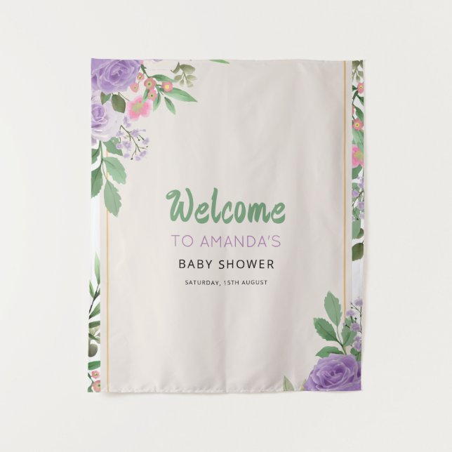 Butterfly Kisses Violet Flowers Baby Shower Tapestry (Front)