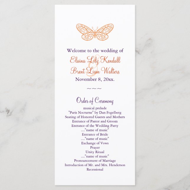 Butterfly Kisses Wedding Program (orange & purple) (Front)