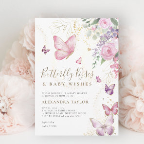 Butterfly Kisses Wishes Floral Baby Girl Shower Invitation
