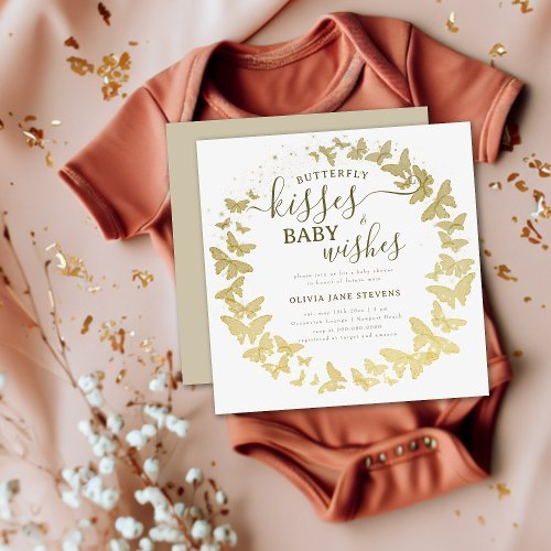Butterfly Kisses Wishes Gold Elegant Baby Shower Invitation