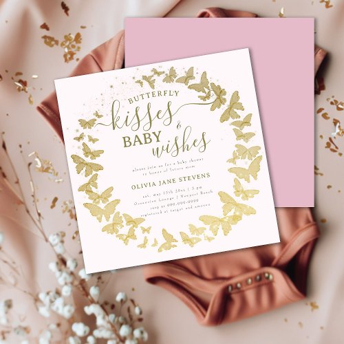 Butterfly Kisses Wishes Gold Pink Girl Baby Shower Invitation