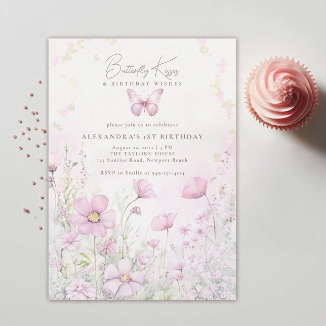 Butterfly Kisses Wishes Wildflowers 1st Birthday Invitation (butterfly kisses birthday wishes pink wild flowers garden 1st birthday girl invitation template)