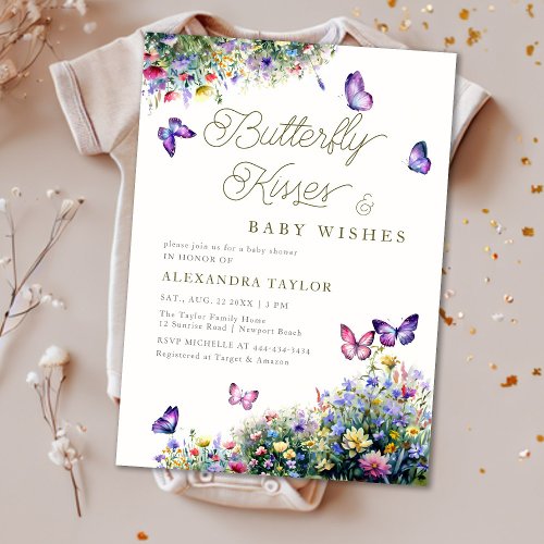 Butterfly Kisses Wishes Wildflowers Baby Shower Invitation
