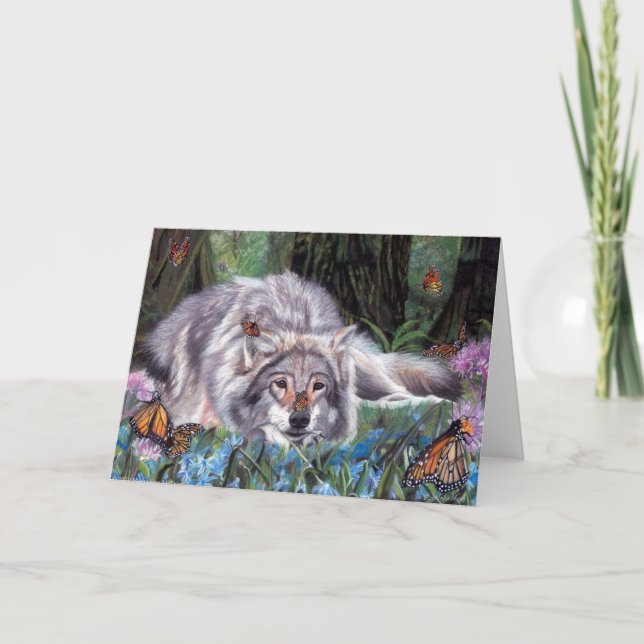 Butterfly Kisses Wolf Art Greeting Card (Front)