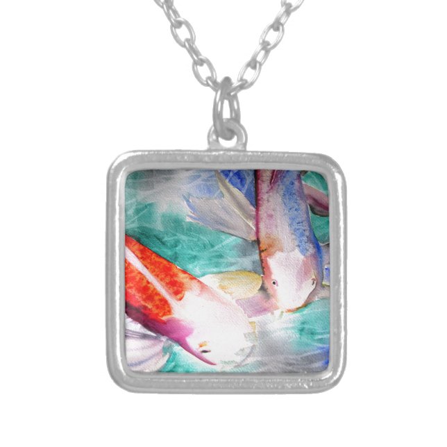 Butterfly Koi watercolour Japanese Fish Art Silver Plated Necklace (Front)